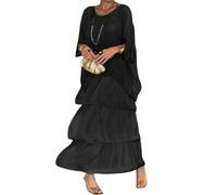 Stile Artistico Abito Sciolto, Abito Casual da Donna a Linea A, Abito Lungo con Scollo Tondo e Maniche a Pipistrello, Maxi Boho per Vacanze (Nero, Taglia Grande)
