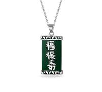 Stile Asiatico Rettangolo Incorniciato Buona Fortuna Fu Carattere Cinese Simbolo Verde Scuro Agata Disco Collana Per Le Donne .925 Sterling Argento