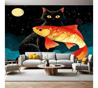 Stile Cartone Animato Carta da parati Gatto e carpa sotto la luna Fotomurali Murale 300x210 cm TNT Decorazione da Muro Poster Gigante Carta per Pareti Soggiorno Camera da Letto Sala TV Divano