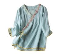 Stile cinese Abbigliamento Top Donna Cotone Lino Camicie Ricamo Elegante Top Grandi Taglie Tunica Elegante Scollo a V Camicia Vintage Maniche 3/4 Camicetta Tunica Tanga Tuta, verde, M