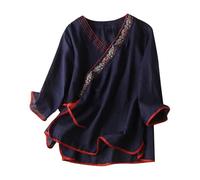 Stile cinese Abbigliamento Top Donna Cotone Lino Camicie Ricamo Elegante Top Grandi Taglie Tunica Elegante Scollo a V Camicia Vintage Maniche 3/4 Camicetta Tunica Tanga Tuta, Blu marino, 3XL