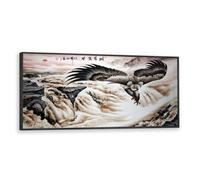 Stile cinese Aquila Tela di canapa Wall Art Natura Murale Scena fluviale Stampe di opere d'arte Inspirational Large Poster Painting per Home Office Decor 50x126cm con cornice nera
