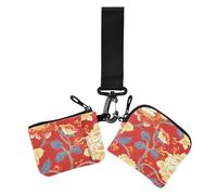 Stile cinese elegante fiori rossi donne cambio portafoglio porta carte minimalista porta carte d'identità protezione con portachiavi per signora 2 confezioni, Stile cinese elegante fiori rossi, 1 size