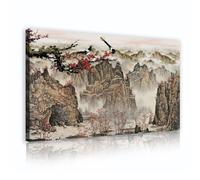 Stile cinese Montagne Gazza Uccello Tela di canapa Arte della parete Natura Immagini Stampe di opere d'arte Paesaggio asiatico Poster Pittura per Home Office Decor 30x50cm telaio interno