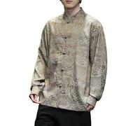 Stile Cinese Sottile Drago Modello di Seta di Ghiaccio Stand Collar Manica Lunga Antica Nazionale Trend Camicia, Cachi scuro, L