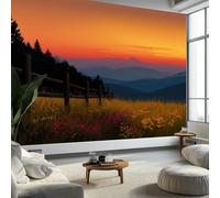 Stile Country Tramonto Recinzione In Legno Erba Carta da Parati In Tessuti non Tessuti 350 x 256 cm Murali, Colore Arancione Fotomurale Murale Soggiorno Camera da Letto Cameretta Dei Bambini