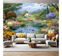 Stile Di Pittura A Olio Carta da Parati Paesaggio dello stagno del giardino Fotografica 3D Effetto 400x280 cm TNT Murale Decor da Muro Soggiorno Camera da Letto Sala Cucina Camera dei Bambini