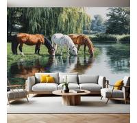 Stile Di Pittura A Olio Carta da Parati Tre cavalli sulla riva verde del fiume Fotografica 3D Effetto 400x280 cm TNT Murale Decor da Muro Soggiorno Camera da Letto Sala Cucina Camera dei Bambini
