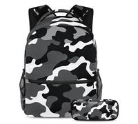 Stile e funzionalità senza sforzo, zaino con astuccio, set di zaini per la scuola premium per ragazzi ragazze adolescenti, motivo mimetico bianco e nero, Multicolore#03, B：29.4x20x40cm\