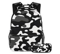 Stile e funzionalità senza sforzo, zaino con astuccio, set di zaini per la scuola premium per ragazzi ragazze adolescenti, motivo mimetico bianco e nero, Multicolore#02, B：29.4x20x40cm\