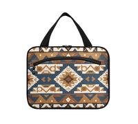 Stile etnico astratto modello caffè blu Hanging Bag per le donne con gancio, progettista portatile appeso borsa trucco per viaggio deve vacanza bolsas de maquillaje para Mujer, Stile etnico Modello
