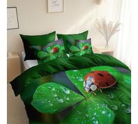 Stile Fotografico Coccinella Foglie Set di Biancheria da Letto di, 200 x 200 cm, Verde Foresta traspirante, morbida microfibra Copripiumino, Anallergico, con federe per adulti, ragazzi e ragazze