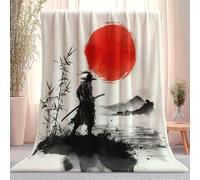 Stile giapponese pittura a inchiostro samurai sole Coperta in Flanella Stampata - Colore Coperta Calda per Divano, Letto o Culla - Idea Regalo Compleanno per Sorella, Fratello o Nipote 130×150 cm