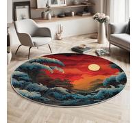Stile Giapponese Pittura Tappeto Rotondo Blu scuro Tappeti, 100cm Antiscivolo Lavabile in Lavatrice Onde Luna Tondo Tapette, Salotto Camera da Letto Scendiletto Ufficio Tappeto