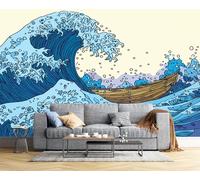 Stile Hokusai Carta Da Parati - Cartone Animato Dell'Onda Gigante Adesivo Tessuto Di Seta Murale,Per Camera Da Letto Soggiorno Sala Da Pranzo 400L × 280A Cm,Blu