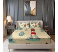 Stile Nautico Retrò Faro Nave Lenzuolo Con Angoli Stampati, Microfibra Per Letto Matrimoniale 140 x 200 + 30 cm Per Una Tasca Profonda 30 Cm - Resistente Allo Scolorimento (Beige, 2 Federe)