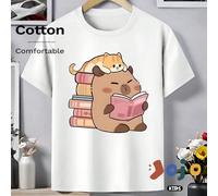 Stile nuovo di primavera, maglietta a manica corta in morbido cotone casual da bambini, stile urban street per la scuola, collo tondo, con stampe versatili di panda, libri, gattini SS5012 abbigliament
