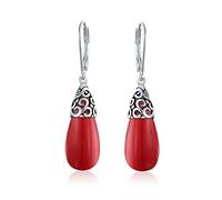 Stile Occidentale Corallo Simulato Rosso Scuro Di Borgogna Orecchini A Goccia Allungati A Leva In Filigrana Per Le Donne .925 Sterling Silver