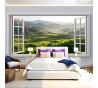 Stile Pastorale Carta da Parati Vista dalla finestra delle risaie verdi Fotomurali Effetto 3D Poster 450 x 315 cm Murale Poster Moderna Decor per Camera da letto Camera dei Bambini Soggiorno