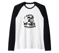 Stile retrò Happy Halloween carino strega e gattino Maglia con Maniche Raglan