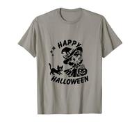 Stile retrò Happy Halloween carino strega e gattino Maglietta