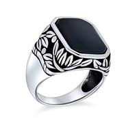 Stile Retrò Vintage Elegante Foglia Vite Accento Nero Onice Gemstone Ottagono Rettangolo Signet Ring Occidentale Gioielli Per Gli Uoossidato Pesante .925 Sterling Silver Fatto A Mano In Turchia