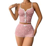 Stile rinfrescante Vestiti per la casa Donne Casual Pigiama Set 2 Pz Gilet Pantaloncini Vestito con Fiocco Cuore Stampa Senza Maniche Shirring Top Alto Rosa M
