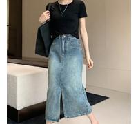 Stile Vintage Donna Midi Jeans Matita Anteriore Spacco Vita Alta Aderente Casual