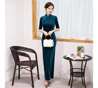 Stile Vintage Donna Velluto Cheongsam Lungo Qipao Abito Sottile Mezza Manica