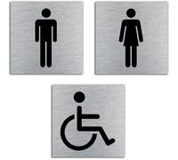 Stileitaliano Targhetta bagno Donne Uomini Disabili adesiva Targa Porta Toilette WC adesivo donna uomo targhette metallo targhe 3 pezzi (Alluminio spazzolato)