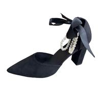 Stiletto da donna con tacco a blocco con retro e bracciale alla caviglia a doppia fila di perle imitazione staccabile, comodo per matrimoni, cocktail e tutti i giorni, A nero, 40 EU
