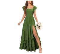 Stillluxury Abiti da damigella d'onore in chiffon con volant per le donne una linea a maniche corte abito da sera lungo con fessura, Verde oliva, 56