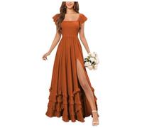 Stillluxury Abiti da damigella d'onore in chiffon con volant per le donne una linea a maniche corte abito da sera lungo con fessura, Arancione bruciato, 58