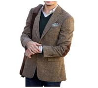 Stillluxury Giacca da uomo marrone con toppa a gomito in tweed blazer sportivo monopetto con risvolto dentellato giacca vintage per gli uomini, Marrone, XL