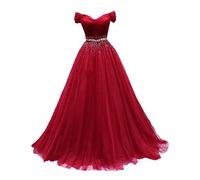 Stillluxury Off Spalla Tulle Abito da ballo Prom Dress Paillettes Pieghe Abiti da sera in rilievo Donne Rosso Scuro Formato 10, Rosso scuro A., 42