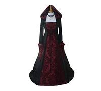 STIOEDYUAN Abito da strega vittoriano gotico con cappuccio da strega vampiro strega costume di Halloween Cosplay vintage rinascimentale abito da ballo (nero + rosso, S)