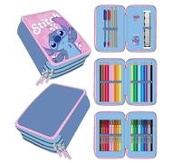 Stitch - Astuccio scolastico per bambini, colore: rosa, chiusura a cerniera, 12,5 x 6,5 x 19,5 cm, triplo scomparto - include accessori - prodotto originale progettato in Spagna, Rosa, Astuccio