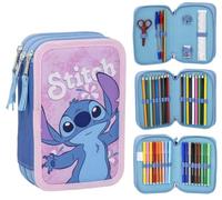 Stitch - Astuccio scolastico per bambini, colore: rosa, chiusura a cerniera, 12,5 x 6,5 x 19,5 cm, triplo scomparto - include accessori - prodotto originale progettato in Spagna, Rosa, Astuccio