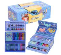 Stitch - Set da colorare per bambini, 52 pezzi, con scatola di colori, matite colorate, pennarelli e pastelli a cera, 3 ripiani, set creativo e regalo per ragazzi e ragazze dai 3 anni in su