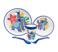 Stitch - Set di stoviglie riutilizzabili per bambini, antiscivolo, con fondo in silicone bicolore composto da piatto, ciotola, tazza e posate