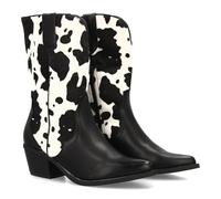 Stivale campero con stampa animale, disegno di mucca, punta sottile, tacco comodo e chiusura a zip. Ideale per donna nella stagione ottono invernale., Nero , 41 EU