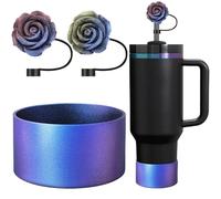 Stivale in silicone sfumato e 2 coperture in paglia glitterate da 10 mm, antiscivolo, compatibili con Stanley Cup 20 30 1134 g, accessori per bicchieri da 340-680 g (viola navy)