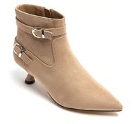 Stivaletti alla caviglia beige da donna, con punta affusolata, doppia fibbia e tacco basso, scarpa chic per la sera e l'ufficio È tutta una questione di raffinatezza, di imbottigliamenti, di beige.Il