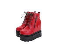 Stivaletti alla Caviglia con Plateau e Altezza maggiorata da Donna, Stivali da Combattimento alla Moda con Tacco a Zeppa Antiscivolo, Stivali Corti Autunnali e Invernali,Rosso,39 EU