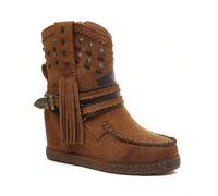 Stivaletti alla caviglia con zeppa in stile bohémien cammello con frange e borchie - Stile western chic La compensazione della semenza assicura un disagio ottimale e un sottotilemento allungato della 