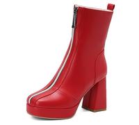 Stivaletti alla Caviglia Corti con Piattaforma Tacco a Blocco Donna Cerniera Anteriore Punta Tonda Passeggiata Quotidiana e Uscite Casual del Fine Settimana,Rosso,46 EU