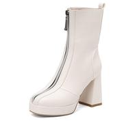 Stivaletti alla Caviglia Corti con Piattaforma Tacco a Blocco Donna Cerniera Anteriore Punta Tonda Passeggiata Quotidiana e Uscite Casual del Fine Settimana,Bianca,44 EU