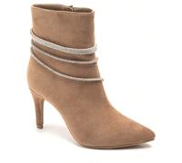 Stivaletti alla caviglia da donna beige con tacco sottile e decorazione elegante di strass Stile affermativo avecces imbottigliamento femme en suédine beige, dotées d'un talon fin qui élance la silhou