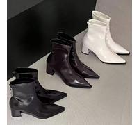 Stivaletti alla caviglia da donna con punta affusolata e tacco alto 2025, tacco spesso con zip sul retro, in pelle verniciata nera, stivali di alta gamma, nuovi arrivi autunno/inverno 2025, tacchi chu