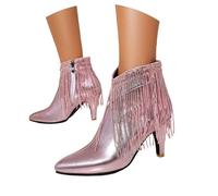Stivaletti alla Caviglia Eleganti con Punta a Spillo e Dettagli Fringe Brillanti per Donna Moda Autunno Inverno (36)